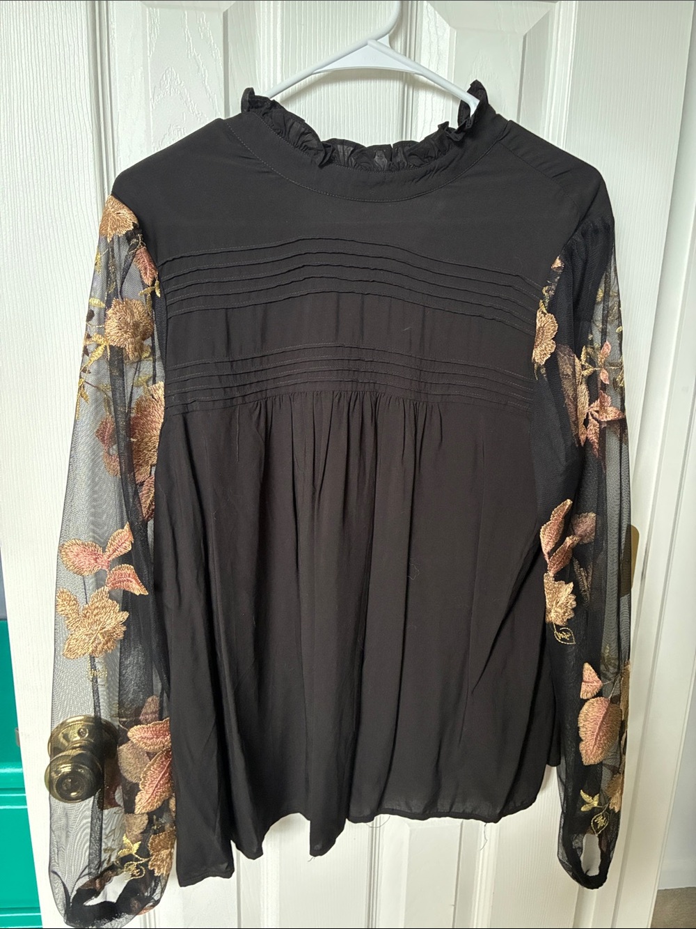 Black Floral Embroidered Mesh Sleeve Women’s Blouse